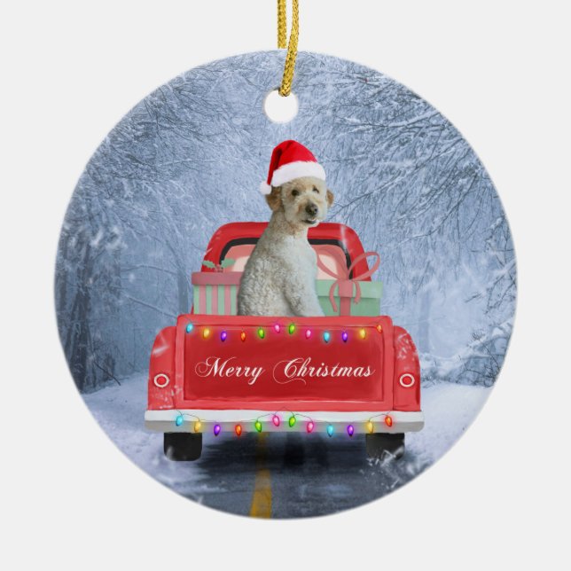 Goldendoodle Dog in Snow sitting in Christmas  Ceramic Ornament (Front)
