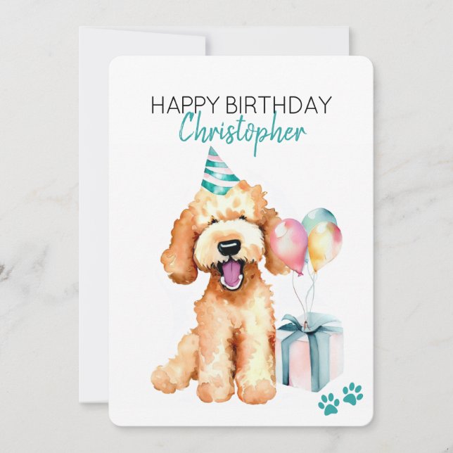 Goldendoodle Dog Personalised Happy Birthday Flat Card (Front)