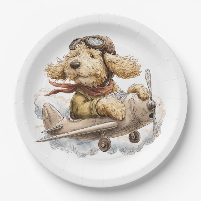 Goldendoodle Dog Pilot Aeroplane Paper Plate (Front)