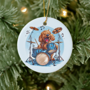 Goldendoodle Dog Playing Drums Ceramic Ornament