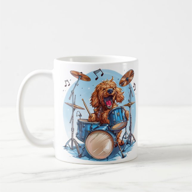 Goldendoodle Dog Playing Drums Coffee Mug (Left)