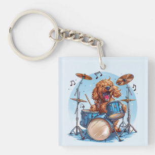 Goldendoodle Dog Playing Drums Key Ring