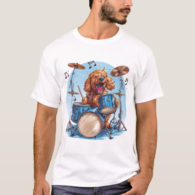 Goldendoodle Dog Playing Drums T-Shirt (Front)