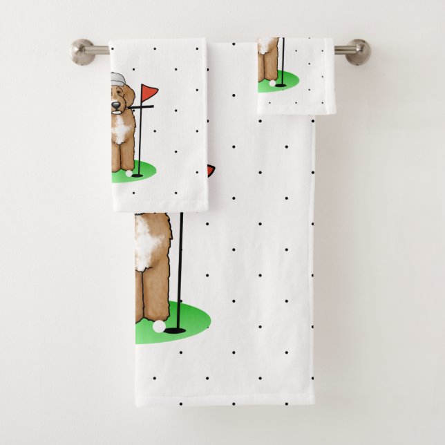 Goldendoodle Dog Playing Golf (red whmk2) Cute Fun Bath Towel Set (Insitu)