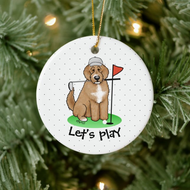 Goldendoodle Dog Playing Golf (red whmk2) Cute Fun Ceramic Ornament (Tree)
