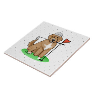 Goldendoodle Dog Playing Golf (red whmk2) Cute Fun Ceramic Tile