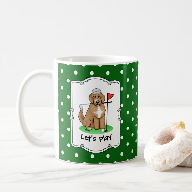 Goldendoodle Dog Playing Golf (red whmk2) Cute Fun Coffee Mug (With Donut)