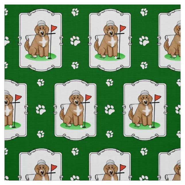 Goldendoodle Dog Playing Golf (red whmk2) Cute Fun Fabric (Swatch)