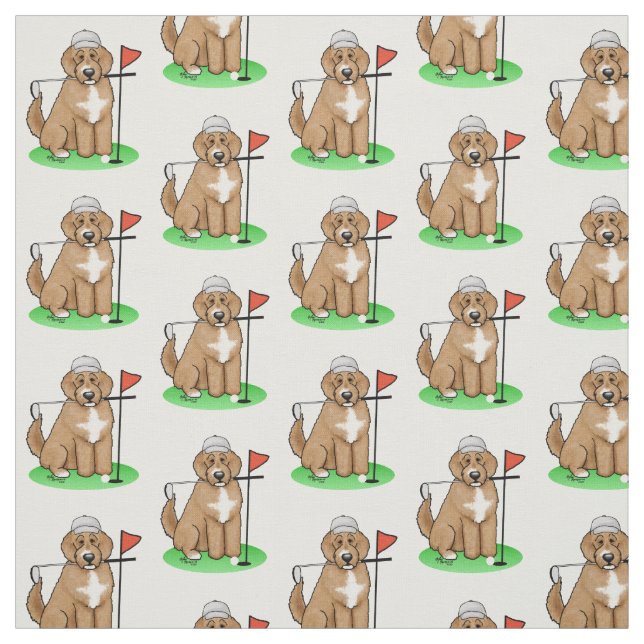 Goldendoodle Dog Playing Golf (red whmk2) Cute Fun Fabric (Swatch)