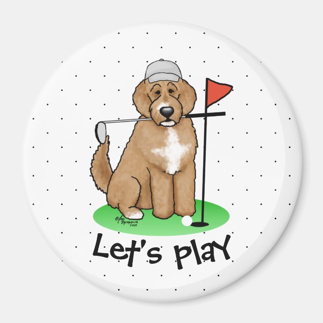 Goldendoodle Dog Playing Golf (red whmk2) Cute Fun Magnet (Front)