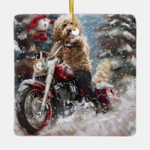 Goldendoodle Dog Riding Motorcycle Christmas  Ceramic Ornament