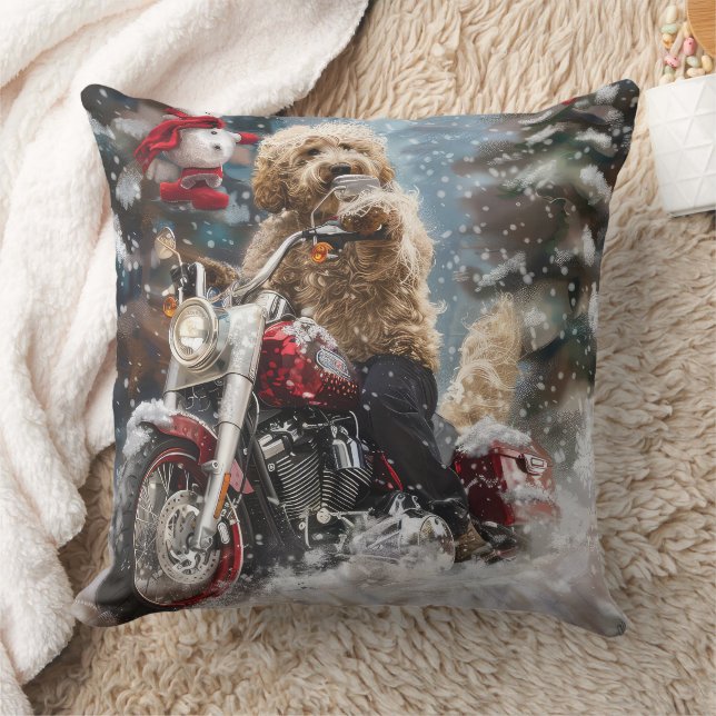 Goldendoodle Dog Riding Motorcycle Christmas  Cushion (Blanket)