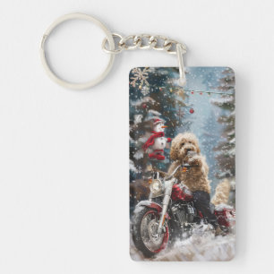 Goldendoodle Dog Riding Motorcycle Christmas Key Ring
