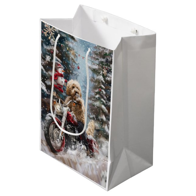 Goldendoodle Dog Riding Motorcycle Christmas  Medium Gift Bag (Front Angled)