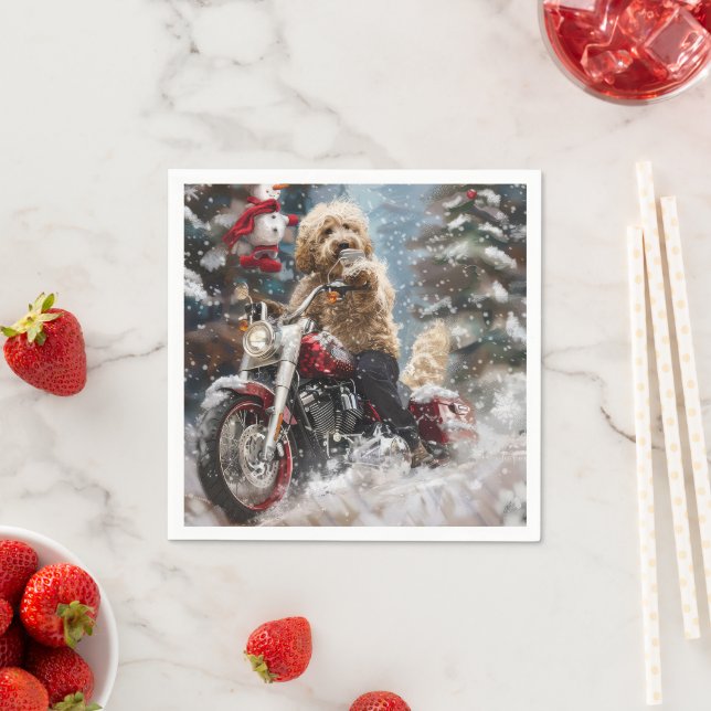 Goldendoodle Dog Riding Motorcycle Christmas  Napkin (Insitu)