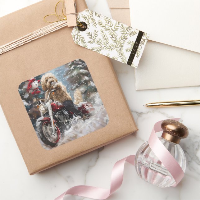 Goldendoodle Dog Riding Motorcycle Christmas  Square Sticker (Gifting)