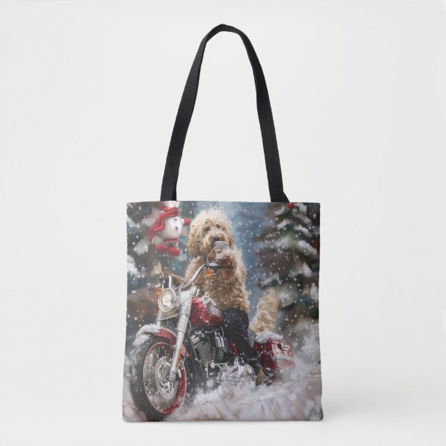 Goldendoodle Dog Riding Motorcycle Christmas  Tote Bag (Front)