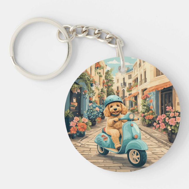 Goldendoodle Dog Riding Scooter European Streets Key Ring (Front)