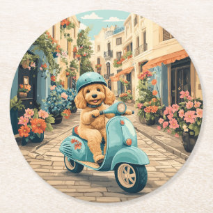 Goldendoodle Dog Riding Scooter European Streets Round Paper Coaster