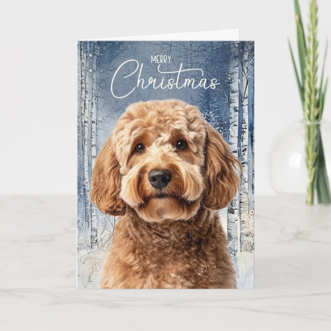Goldendoodle Dog Snowy Winter Forest Christmas Holiday Card (Front)