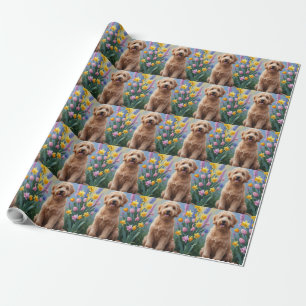 Goldendoodle Dog Spring Flowers Painting Wrapping Paper