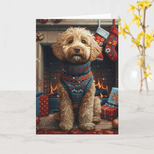 Goldendoodle Dog With Christmas Gifts Fireplace Card (Yellow Flower)