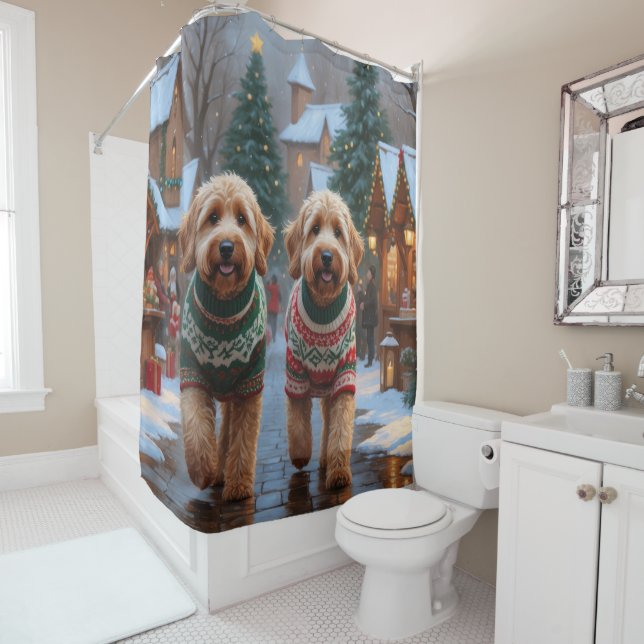 Goldendoodle Dogs Christmas Snow Holiday Shower Curtain (In Situ)
