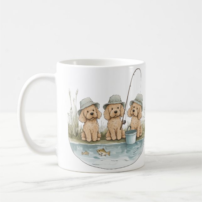 Goldendoodle Dogs Fishing Coffee Mug (Left)