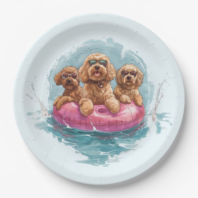 Goldendoodle Dogs Summer Pineapple Pool Float Paper Plate (Front)
