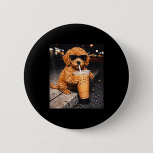 Goldendoodle drinking iced coffee funny animal mem 6 cm round badge