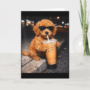 Goldendoodle drinking iced coffee funny animal mem card