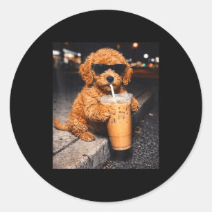 Goldendoodle drinking iced coffee funny animal mem classic round sticker