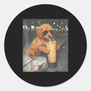 Goldendoodle drinking iced coffee funny dog memeGo Classic Round Sticker