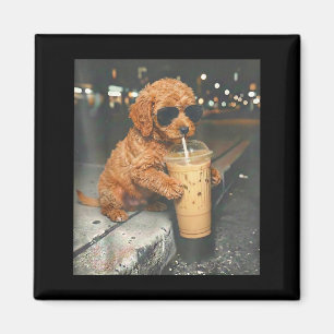 Goldendoodle drinking iced coffee funny dog memeGo Magnet