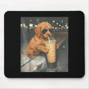 Goldendoodle drinking iced coffee funny dog memeGo Mouse Pad