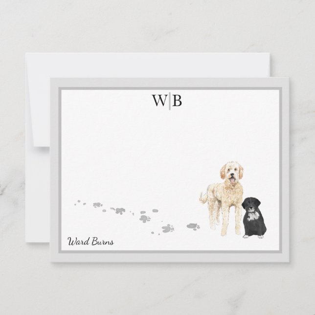 Goldendoodle & Friend Grey Border Monogram Name Card (Front)