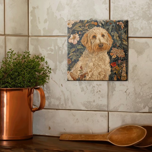 Goldendoodle Garden Tapestry Birthday Party Ceramic Tile (Creator Uploaded)