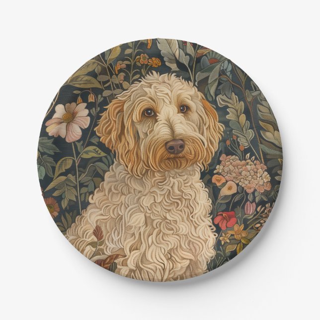 Goldendoodle Garden Tapestry Birthday Party Paper Plate (Front)