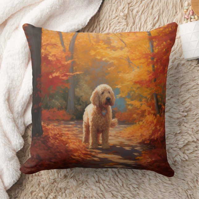 Goldendoodle in Autumn Leaves Fall Inspire  Cushion (Blanket)