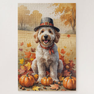 Goldendoodle In Autumn Leaves Thanksgiving Art Jigsaw Puzzle