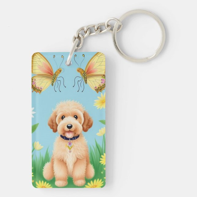 Goldendoodle In Garden  Key Ring (Back)
