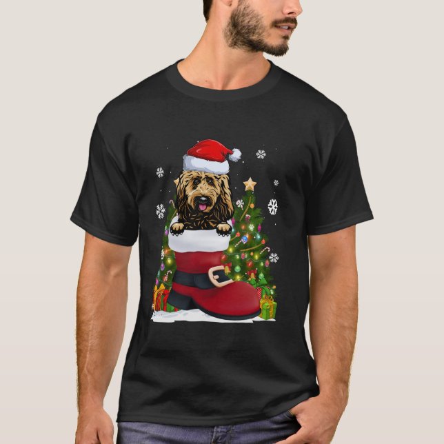 Goldendoodle in the Shoe Santa Hat Ugly Christmas  T-Shirt (Front)