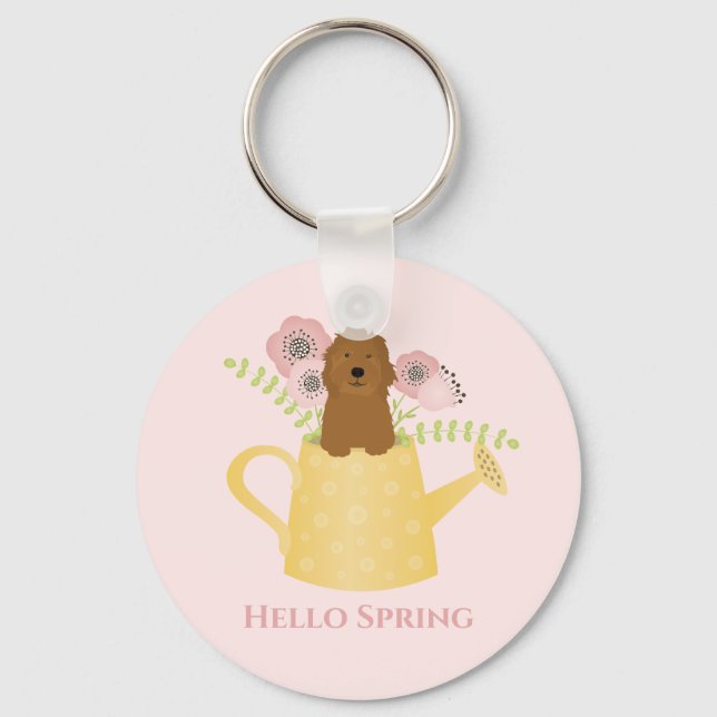 Goldendoodle In Watering Can Key Ring (Front)