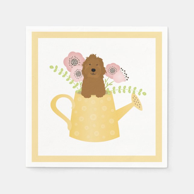 Goldendoodle In Watering Can Yellow Napkin (Front)