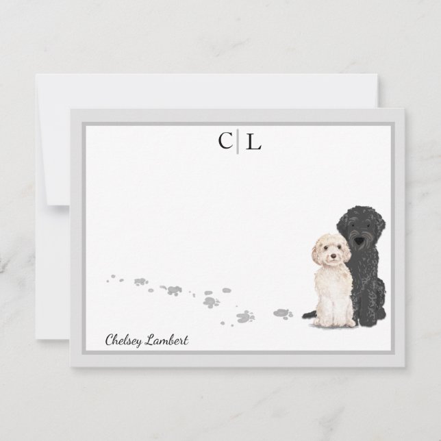 Goldendoodle Labradoodle Dogs Grey Border Monogram Card (Front)