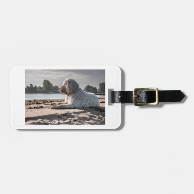 goldendoodle on beach luggage tag (Front Horizontal)