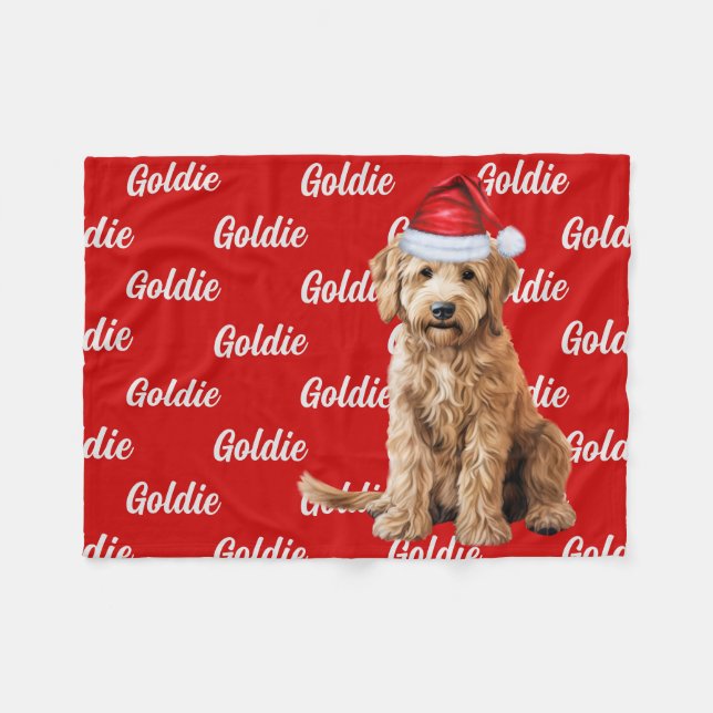 Goldendoodle on Red with Name Christmas Dog Fleece Blanket (Front (Horizontal))