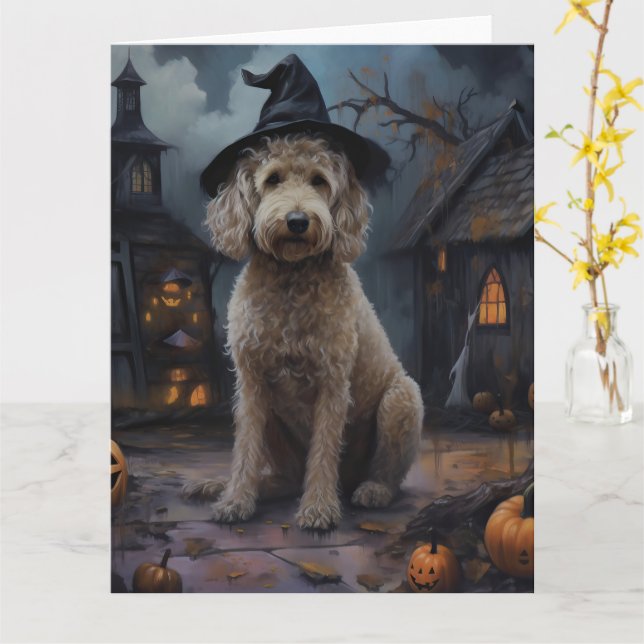 Goldendoodle Pumpkins Halloween Scary Card (Yellow Flower)