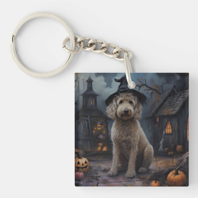 Goldendoodle Pumpkins Halloween Scary Key Ring (Front)