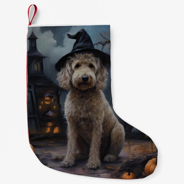Goldendoodle Pumpkins Halloween Scary Small Christmas Stocking (Front)